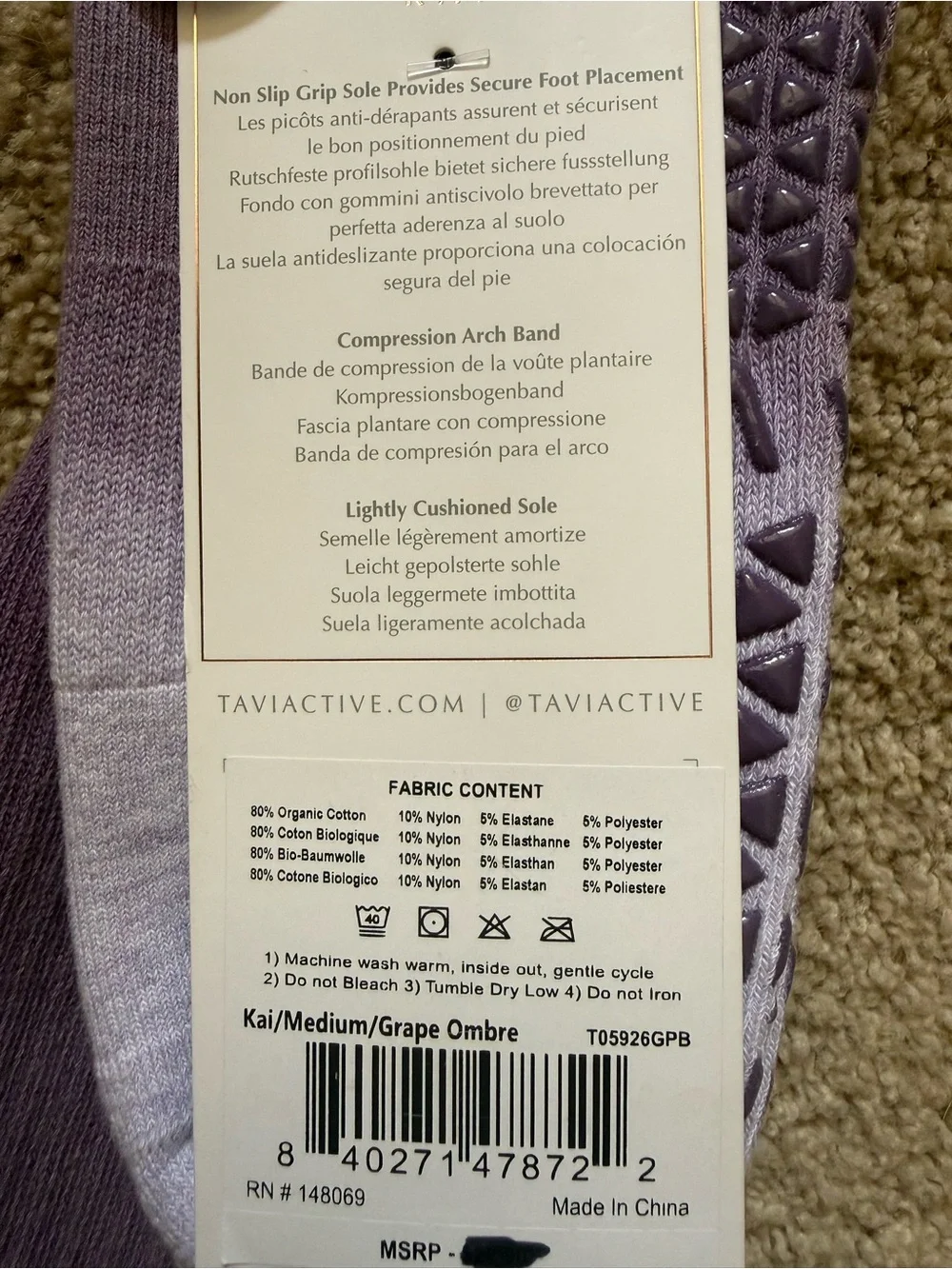 NEW Kai TAVI Noir Non-Slip Grip Purple Ombre Crew Socks Medium